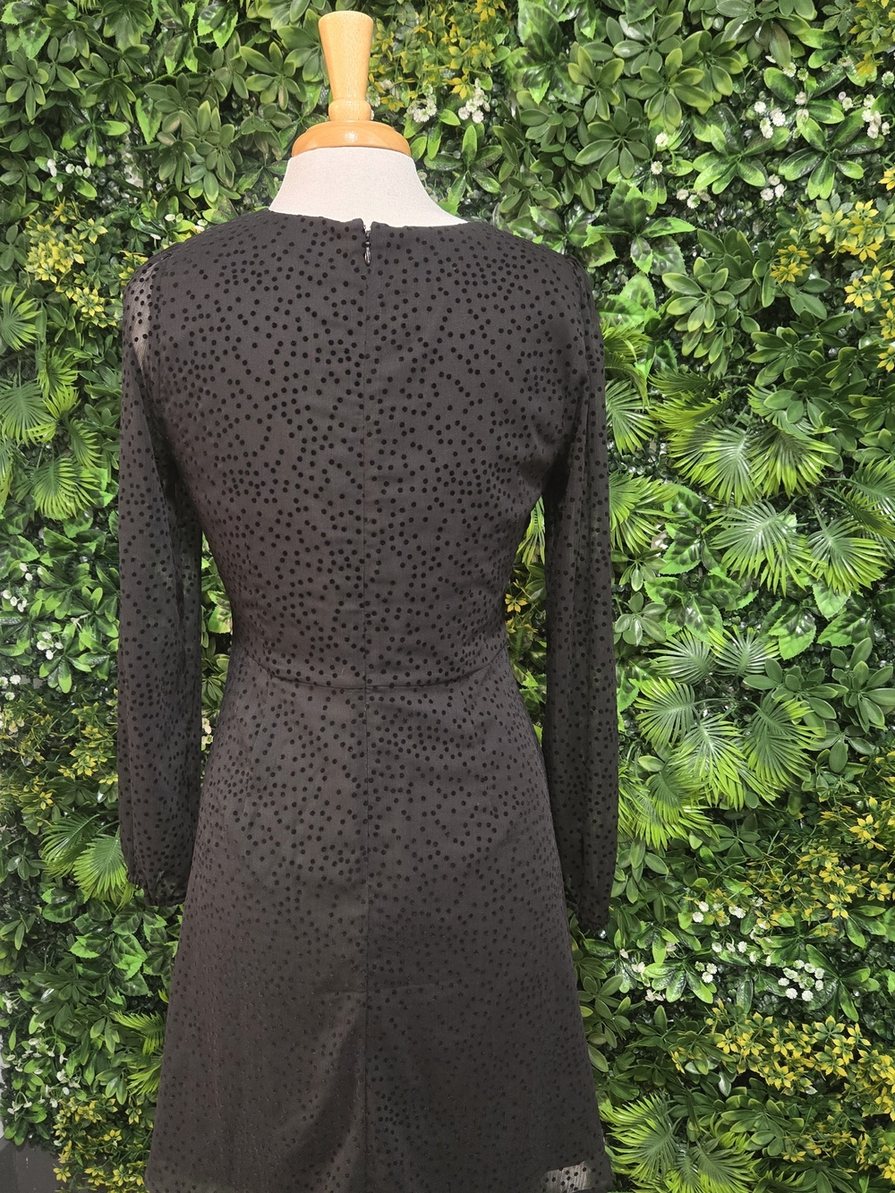 LOFT Black Long-Sleeve Dot-Texture A-Line Dress